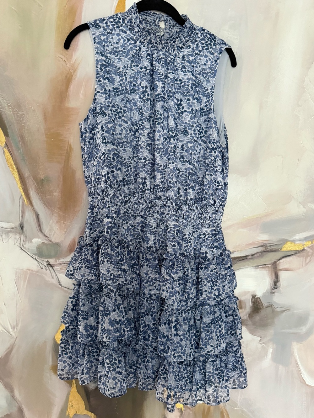 1.STATE Floral Smocked Mock Neck Sleeveless Ruffle Tiered Mini Dress